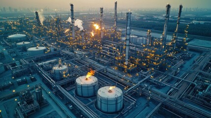 Aerial view shows the industrial plant at night emitting emissions