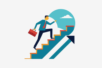 Businessman going up the stairs or career growth. Striving for the goal, vector cartoon illustration isolated on white background