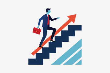 Success in business. Businessman climbs up stairs. Hope to success in business accomplishment or reaching business goal reward and motivation concept Vector illustration