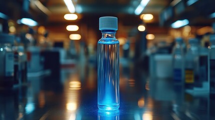 A glass vial of glowing liquid on a sleek black lab table.