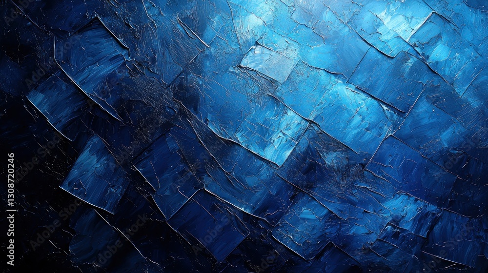 Poster abstract artwork features textured blue paint arranged in angled patterns