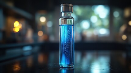 A glass vial of glowing liquid on a sleek black lab table.