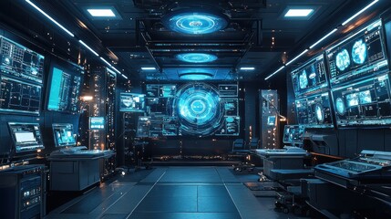 Fototapeta premium A futuristic interior shows a computer control command center