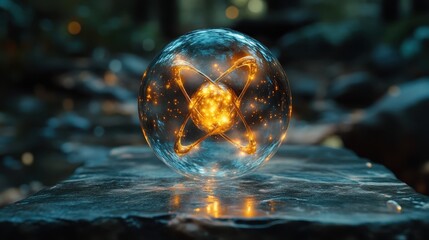 A glowing atom model surrounded by abstract swirling light.