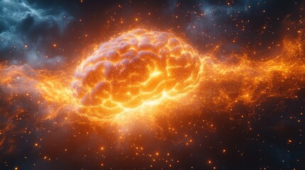 A glowing brain-shaped cloud of light surrounded by swirling data patterns.