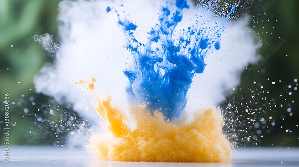 Poster vivid blue and yellow pigment explosion creating abstract art effect on surface with splashes and mi