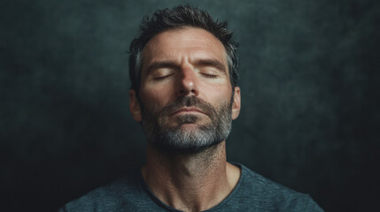 Fototapeta premium a man with a contemplative expression, eyes closed, fully immersed in his music