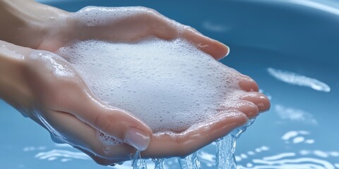 Fototapeta premium Hands holding foamy soap water for washing in blue basin for personal hygiene and cleanliness