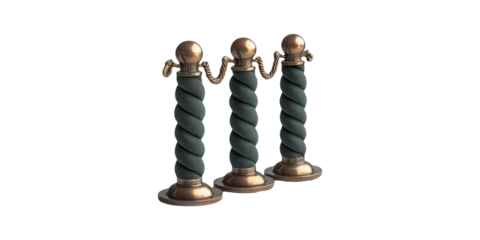 Brass stanchion posts with green velvet rope isolated on transparent background
