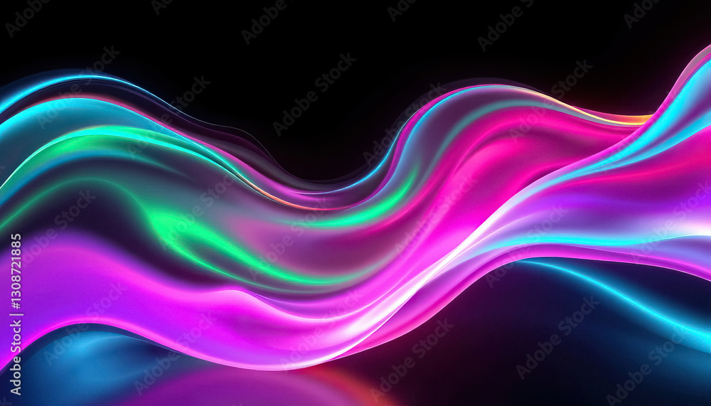 Poster Abstract flowing light pattern with smooth curves and vibrant neon colors against dark background