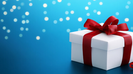 Obraz premium beautifully wrapped gift box with red ribbon against blue background, evoking feelings of joy and celebration