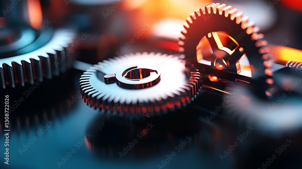 Poster close-up view of metallic gears with intricate details in a high-tech mechanical environment