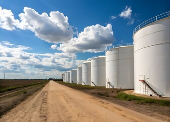 Obraz premium Row of Large White Storage Tanks on Dirt Road Under Blue Sky with Fluffy White Clouds