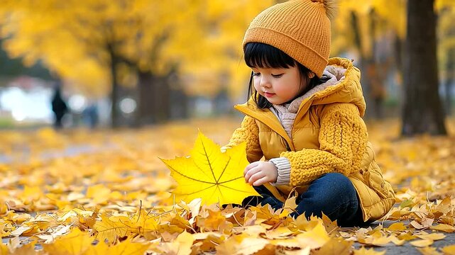 Child collecting leaves in autumn park