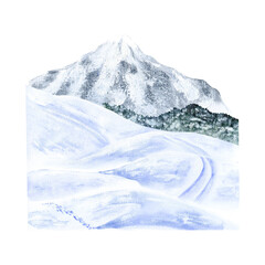 Winter mountain landscape. Peaks, forest, ski hill in the snow. Watercolor illustration, hand-drawn on isolated background. For decor, design, printing and polygraphy, advertising