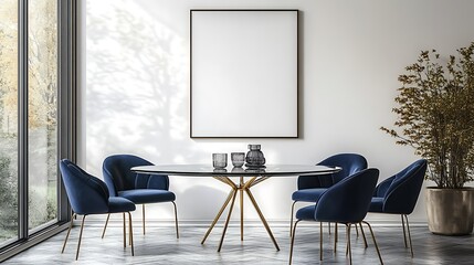 A mockup of an empty, blank poster in a frame on the wall above a round glass table with four navy blue chairs and gold legs. This modern interior design style home dining room has white walls. 