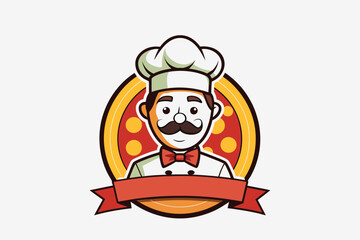 Pizzeria chef logo vector illustration, Design element for logo, poster, card, banner, emblem, t-shirt. vector cartoon illustration isolated on white background