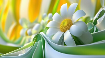 Abstract 3D Wallpaper Design with Flower in White and Green Colors for Nature Lovers