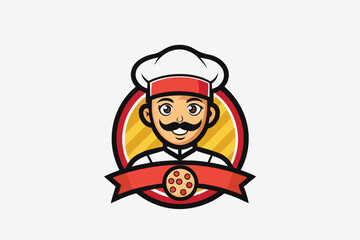 Fototapeta premium Emblem of man with pizza on white background Logo Free space for the name. Pizzeria chef logo vector illustration.