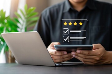 AI chatbots enhance customer service and improve customer experience. A person reviews feedback on a tablet while sitting at a desk with a laptop, emphasizing digital interaction and online ratings.