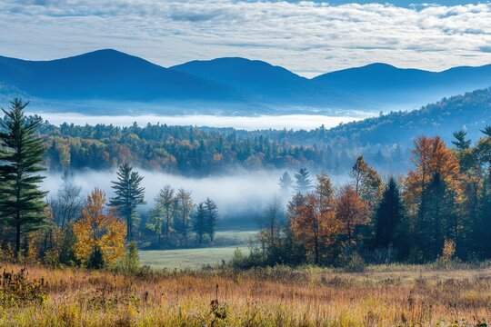 Adirondack Mountains. Blue Mountain Layers with Foggy Morning View in New York Landscape