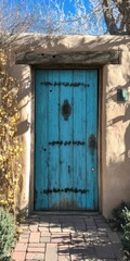 Fototapeta premium Adobe Door. Bright Blue Wood Architecture in the Land of Enchantment