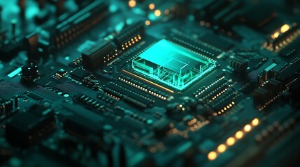 Fototapeta premium Analyzing Futuristic Circuit Board with Glowing Electronic Components Close Up