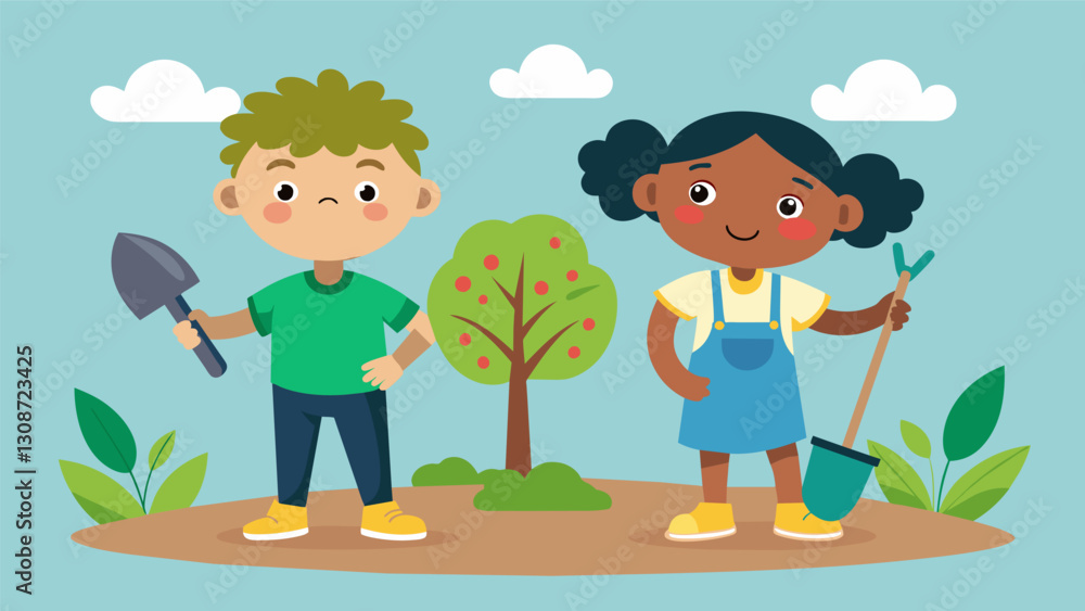 Poster two children holding shovels and smiling proudly as they place a small tree into the soil.. vector i