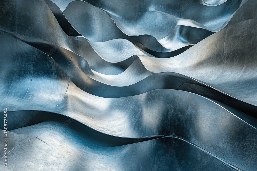 Poster abstract metallic waves, flowing curves create a visually stunning and textured landscape.