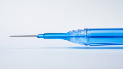Close-up of a blue medical syringe tip on a light-blue background