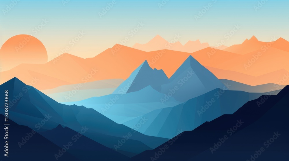 Poster the abstract picture of the blue mountain that painted with geometry and layers of the hills, abstra
