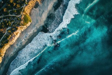 Aerial View of Del Mar Coastline and Beach in California. Beautiful Coastal Cityscape with Blue Ocean Waters