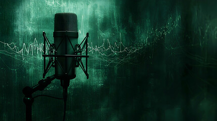 Studio microphone recording audio waveforms; green grunge background; podcast, music, broadcasting concept