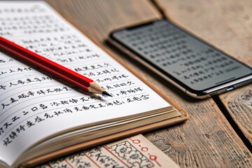 Red pencil on open notebook with chinese characters beside smartphone on wooden table