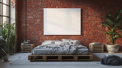 A mockup of an empty, blank white canvas. On the wall behind it is a red brick wall with wooden pallets underneath. In front, there's a large bed with soft, grey linen and books scattered around