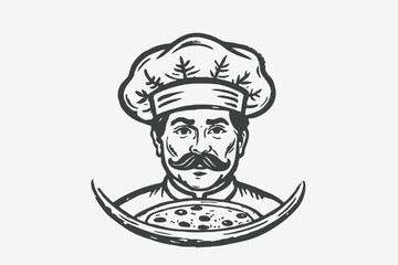 Italian Pizza Chef Mascot Logo, Italian chef with a pizza. Pizzaiolo vector illustration.