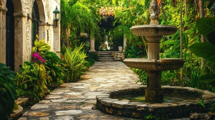 Stone path leads to fountain in lush garden.