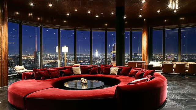Luxurious red circular seating area in a high-rise lounge overlooking a vibrant city skyline at night