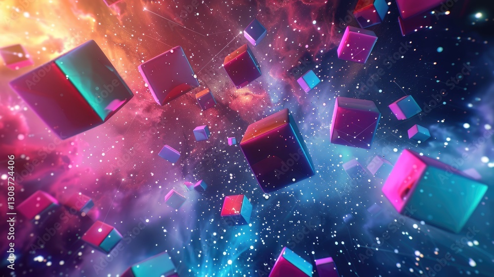 Poster abstract chaotic and energetic of mixed digital style cube object, burst of colorful light pattern i