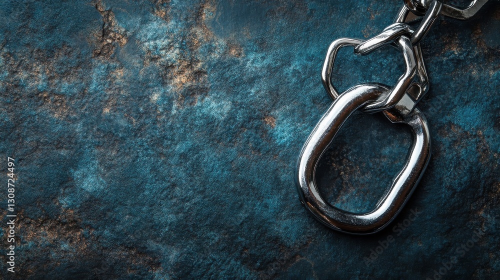 Poster close up of linked metal chain loops on a textured surface