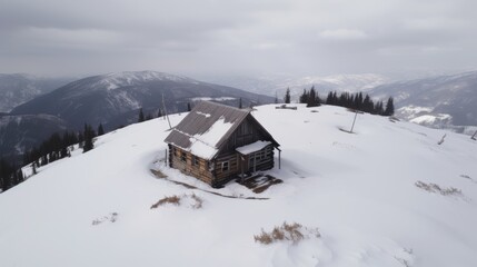 The aerial view picture of the cabin at the top of the snow mountain in the winter season at daytime, snow cabin is type of accommodation specifically designed for use in snowy, cold climates. AIG51.