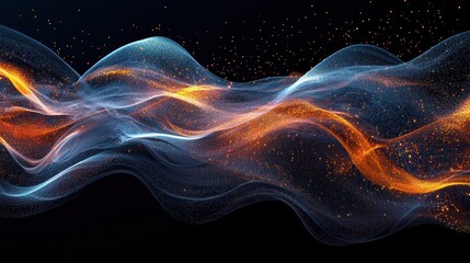 Abstract flowing light and particles dance across dark background