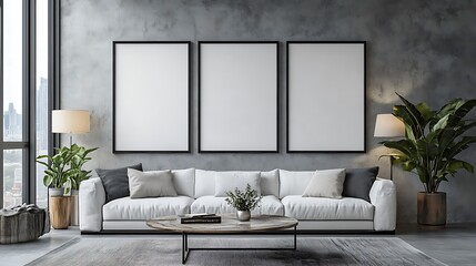 A mockup of three blank poster frames on the wall in an elegant and modern living room, with a white sofa, coffee table, lamps, and decor elements.