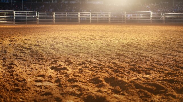 An empty arena floor ready for equestrian competition under bright lighting