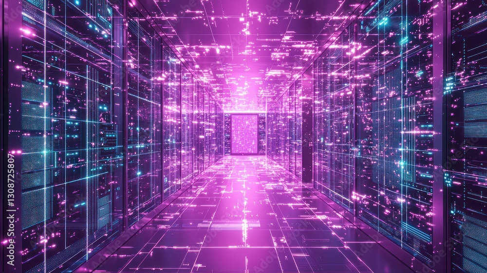 Aufkleber futuristic server room corridor with glowing data streams.