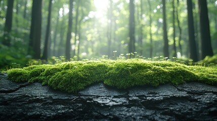 A patch of moss growing on a log in a dense, shadowy forest.