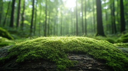 A patch of moss growing on a log in a dense, shadowy forest.