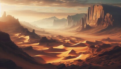 Desert landscape with a few sandy dunes and a few rocky outcropp