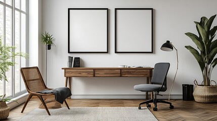 A mockup of two black picture frames on the wall above an office desk, in a minimalistic style. The furniture is made of wood, and there is a modern table lamp. The colors are light,
