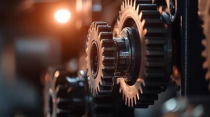 Naklejka premium Close-Up View of Metal Gears and Cogs in Industrial Machinery with Warm Light Background